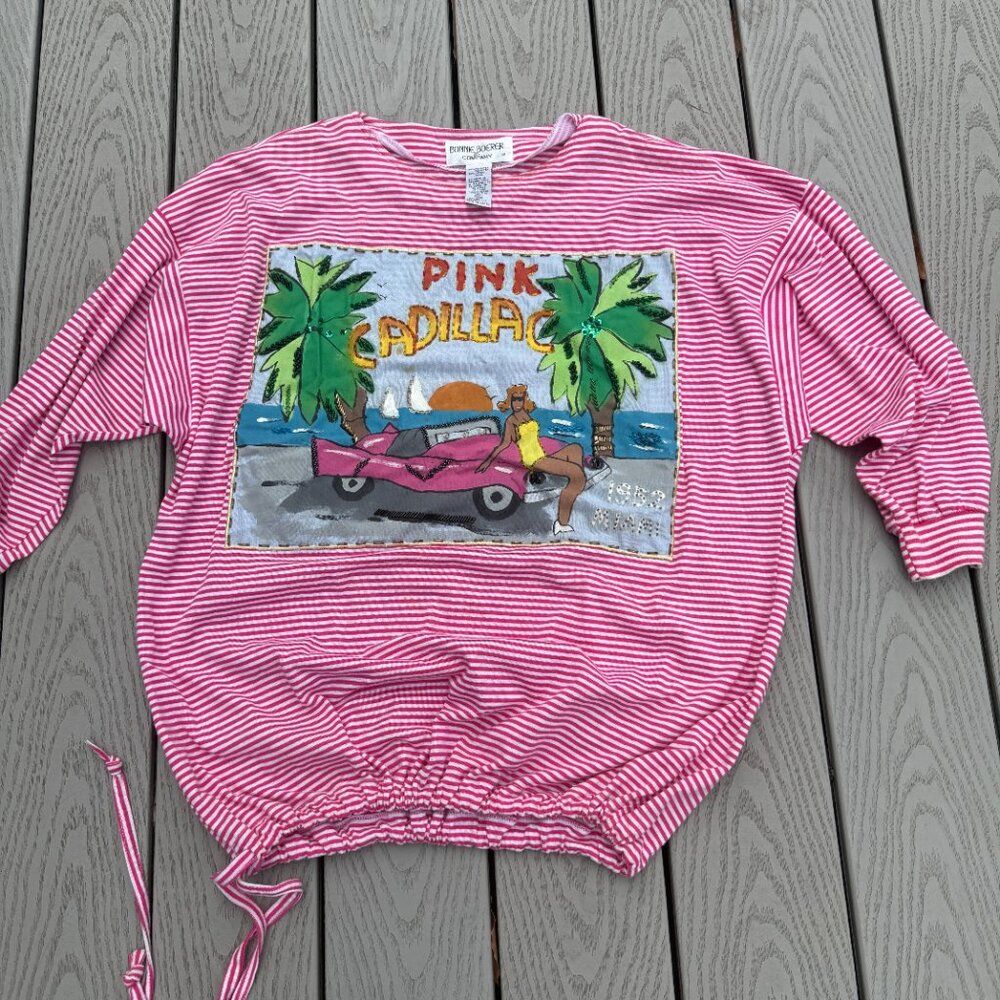BONNIE BOERER Womens Medium Graphic Shirt PINK CADILLAC Red White Striped